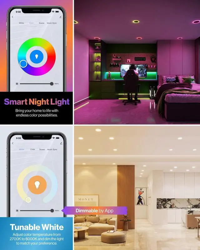 Alt view image 3 of 6 - 4 Inch 6 Pack Smart Ultra Thin LED Recessed Ceiling Lights with Night Light, Tunable CCT 2700K to 5000K, Dimmable, 11W, Smooth Trim, Canless with Junction Box