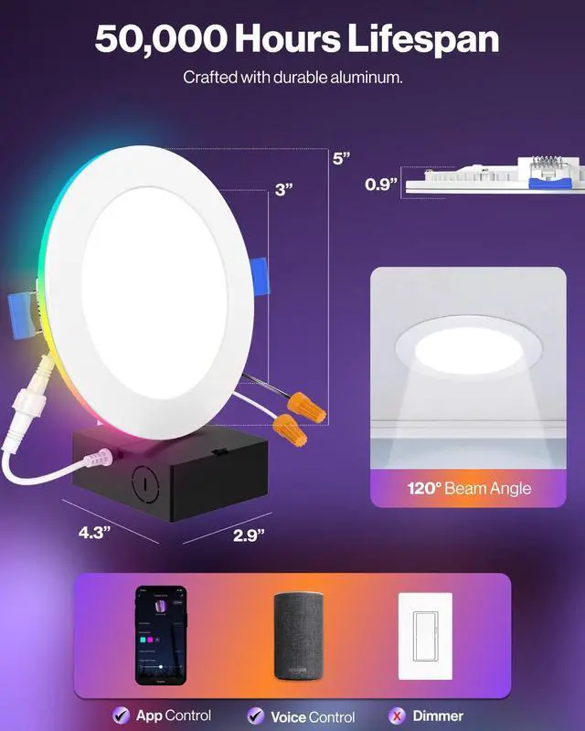 Alt view image 6 of 6 - 4 Inch 6 Pack Smart Ultra Thin LED Recessed Ceiling Lights with Night Light, Tunable CCT 2700K to 5000K, Dimmable, 11W, Smooth Trim, Canless with Junction Box