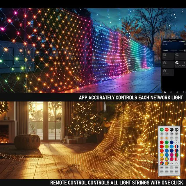 Alt view image 2 of 7 - Smart Christmas 360 LED Net Lights, 12FT x 5 FT RGB Color Changing String Lights with Remote & APP Control, Christmas Decorations for Indoor Outdoor Xmas Party Yard Garden Decor