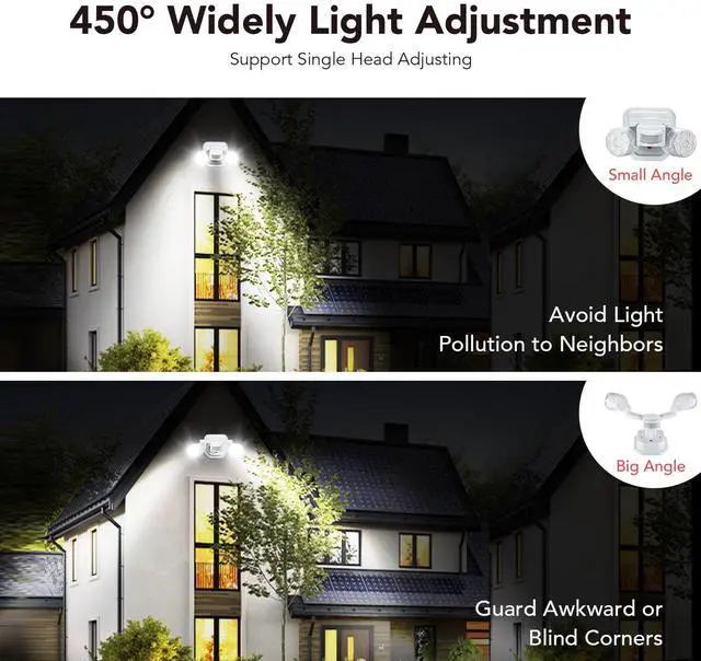 Alt view image 3 of 6 - 2 Pack Motion Sensor Outdoor Lights, 450° Superwide Adjustment Dimmable Dusk to Dawn Flood Lights Outdoor, 5000K 12W=150W Outside LED Security Lights, IP65, White (Hardwired)