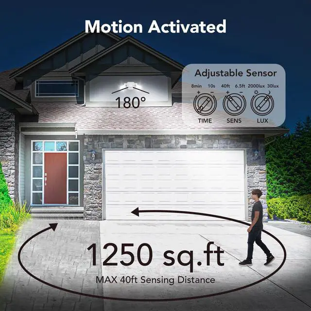 Alt view image 4 of 6 - 2 Pack Motion Sensor Outdoor Lights, 450° Superwide Adjustment Dimmable Dusk to Dawn Flood Lights Outdoor, 5000K 12W=150W Outside LED Security Lights, IP65, White (Hardwired)