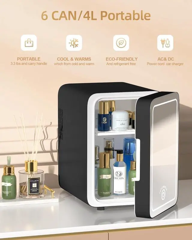 Alt view image 2 of 7 - Makeup Fridge With Dimmable LED Light Mirror, 4L Mini Fridge for Bedroom, Car, Office & Dorm, Cooler & Warmer, Portable Small Refrigerator for Cosmetics, Skin Care and Food, Black