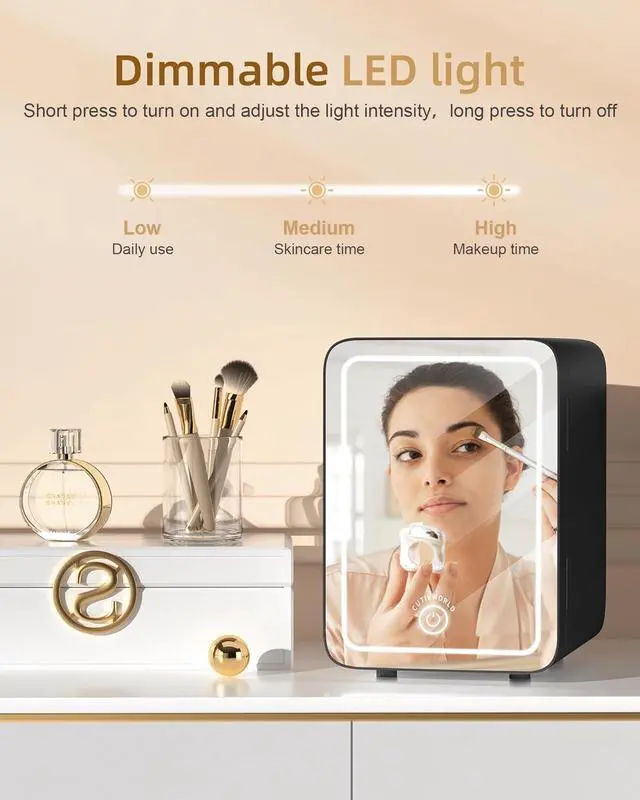 Alt view image 3 of 7 - Makeup Fridge With Dimmable LED Light Mirror, 4L Mini Fridge for Bedroom, Car, Office & Dorm, Cooler & Warmer, Portable Small Refrigerator for Cosmetics, Skin Care and Food, Black