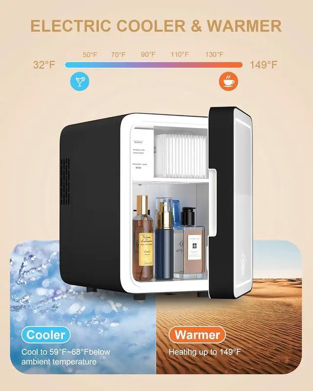 Alt view image 5 of 7 - Makeup Fridge With Dimmable LED Light Mirror, 4L Mini Fridge for Bedroom, Car, Office & Dorm, Cooler & Warmer, Portable Small Refrigerator for Cosmetics, Skin Care and Food, Black
