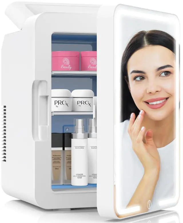 Main image of 12L Mini Skincare Fridge with Dimmable LED Light Mirror, Makeup Fridge for Cooler & Warmer, Cosmetics, Beauty, Food & Drinks, Portable Small Refrigerator for Bedroom, Office, Dorm and Car