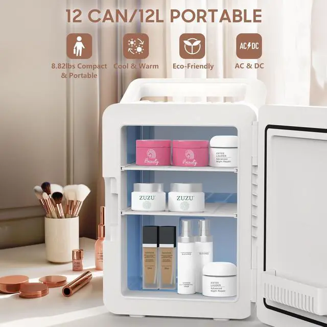 Alt view image 2 of 7 - 12L Mini Skincare Fridge with Dimmable LED Light Mirror, Makeup Fridge for Cooler & Warmer, Cosmetics, Beauty, Food & Drinks, Portable Small Refrigerator for Bedroom, Office, Dorm and Car