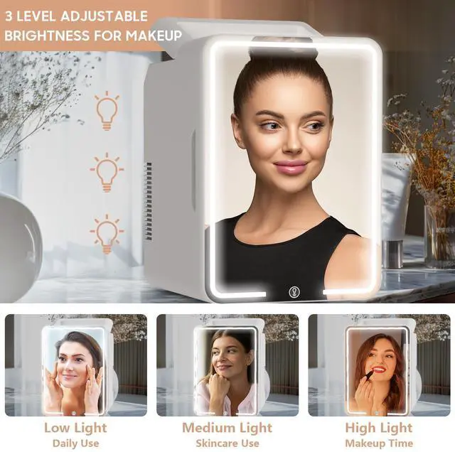 Alt view image 4 of 7 - 12L Mini Skincare Fridge with Dimmable LED Light Mirror, Makeup Fridge for Cooler & Warmer, Cosmetics, Beauty, Food & Drinks, Portable Small Refrigerator for Bedroom, Office, Dorm and Car