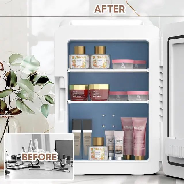 Alt view image 7 of 7 - 12L Mini Skincare Fridge with Dimmable LED Light Mirror, Makeup Fridge for Cooler & Warmer, Cosmetics, Beauty, Food & Drinks, Portable Small Refrigerator for Bedroom, Office, Dorm and Car