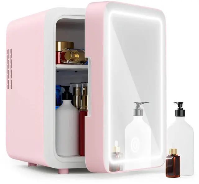 Main image of Skincare Fridge - Mini Fridge with Dimmable LED Mirror (4 Liter/6 Can), Cooler and Warmer, for Skincare and Food, Mini Fridge for Bedroom, Office and Car, Pink