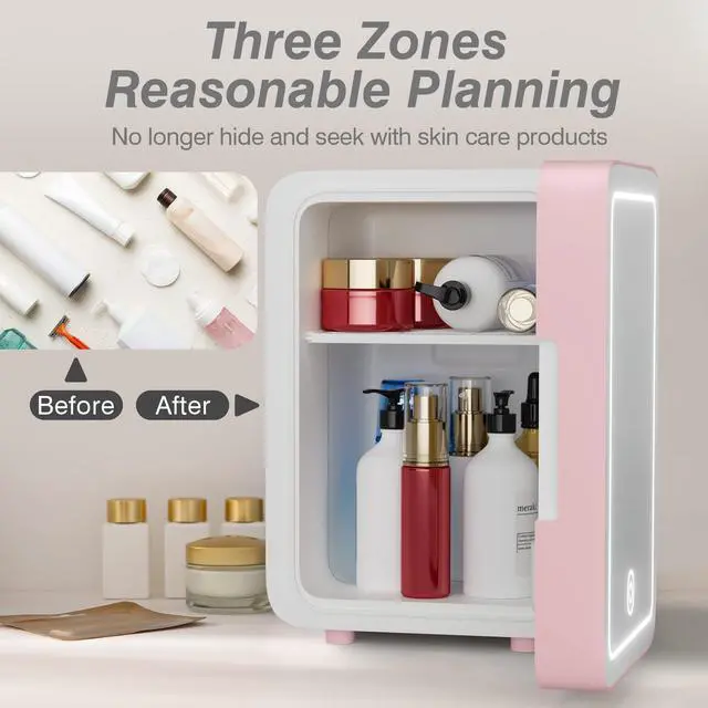 Alt view image 2 of 7 - Skincare Fridge - Mini Fridge with Dimmable LED Mirror (4 Liter/6 Can), Cooler and Warmer, for Skincare and Food, Mini Fridge for Bedroom, Office and Car, Pink