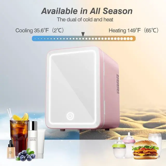 Alt view image 3 of 7 - Skincare Fridge - Mini Fridge with Dimmable LED Mirror (4 Liter/6 Can), Cooler and Warmer, for Skincare and Food, Mini Fridge for Bedroom, Office and Car, Pink