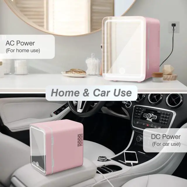 Alt view image 5 of 7 - Skincare Fridge - Mini Fridge with Dimmable LED Mirror (4 Liter/6 Can), Cooler and Warmer, for Skincare and Food, Mini Fridge for Bedroom, Office and Car, Pink