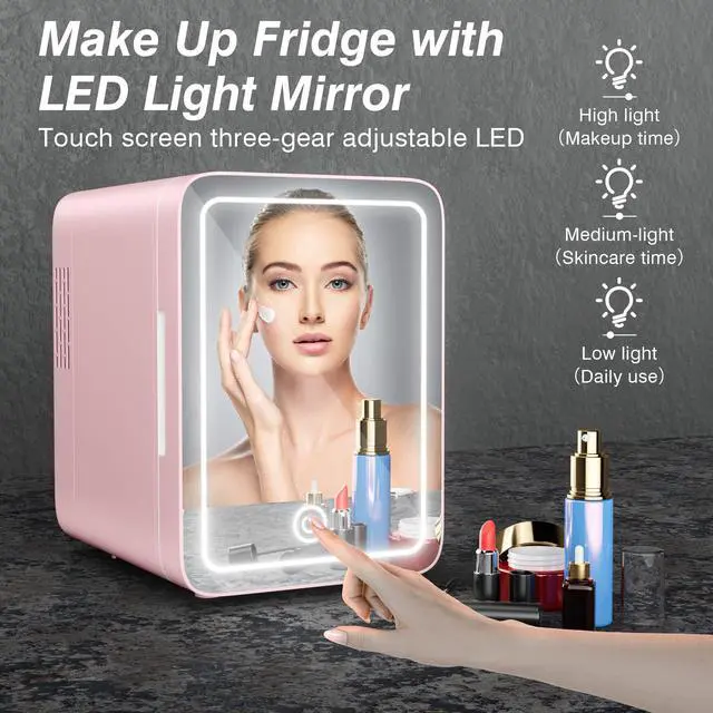 Alt view image 4 of 7 - Skincare Fridge - Mini Fridge with Dimmable LED Mirror (4 Liter/6 Can), Cooler and Warmer, for Skincare and Food, Mini Fridge for Bedroom, Office and Car, Pink