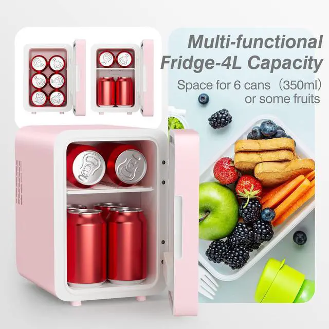 Alt view image 6 of 7 - Skincare Fridge - Mini Fridge with Dimmable LED Mirror (4 Liter/6 Can), Cooler and Warmer, for Skincare and Food, Mini Fridge for Bedroom, Office and Car, Pink