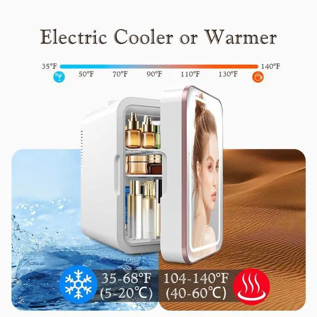 Alt view image 3 of 7 - Mini Fridge for Bedroom, 6L/10 Can Skincare Fridge with Dimmable LED Light Mirror for Dorm & Office, Portable Cooler & Warmer Small Compact Refrigerator for Skincare, Makeup and Cosmetics, White