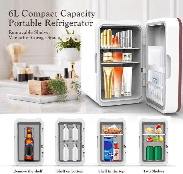 Alt view image 4 of 7 - Mini Fridge for Bedroom, 6L/10 Can Skincare Fridge with Dimmable LED Light Mirror for Dorm & Office, Portable Cooler & Warmer Small Compact Refrigerator for Skincare, Makeup and Cosmetics, White