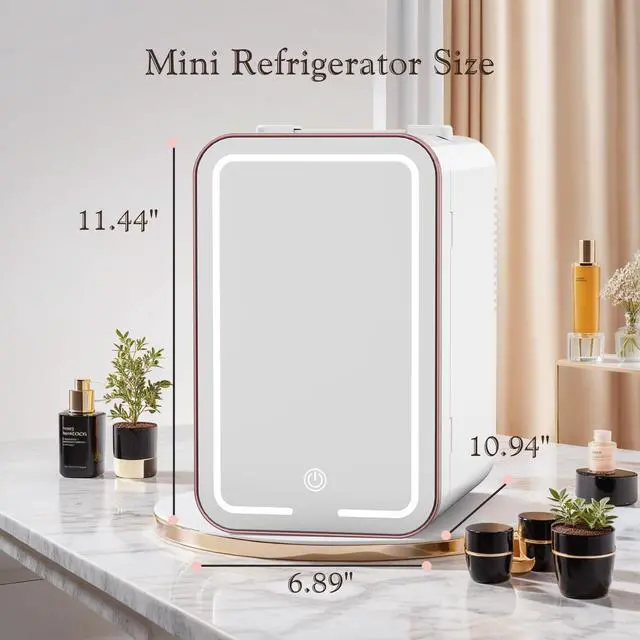 Alt view image 7 of 7 - Mini Fridge for Bedroom, 6L/10 Can Skincare Fridge with Dimmable LED Light Mirror for Dorm & Office, Portable Cooler & Warmer Small Compact Refrigerator for Skincare, Makeup and Cosmetics, White