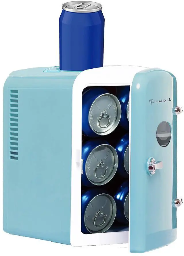 Alt view image 4 of 4 - EFMIS171-BLACK Retro Mini Portable Personal Fridge - Ideal for Home, Office or Dorm - Features Active Cooling Can Holder on Top - Includes Carrying Handle, AC/DC Wall/Car Charger - Blue