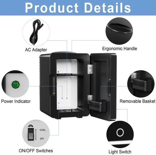 Alt view image 7 of 7 - Mini Fridge 6L for Bedroom, Makeup Little Refrigerator with LED Light Portable Cosmetic Fridge for Dorm and Office, Desk Personal Cooler for Beauty Skincare Product and Food, Black