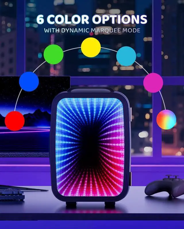 Alt view image 2 of 7 - MF01C Mini Fridge, 7 Light Modes Including Flashing Marquee, Quiet Cooling & Warming Function, AC/DC Power, 4 L/6 Cans Capacity, Small Refrigerator for Gaming Room, Bedroom, Office and Car