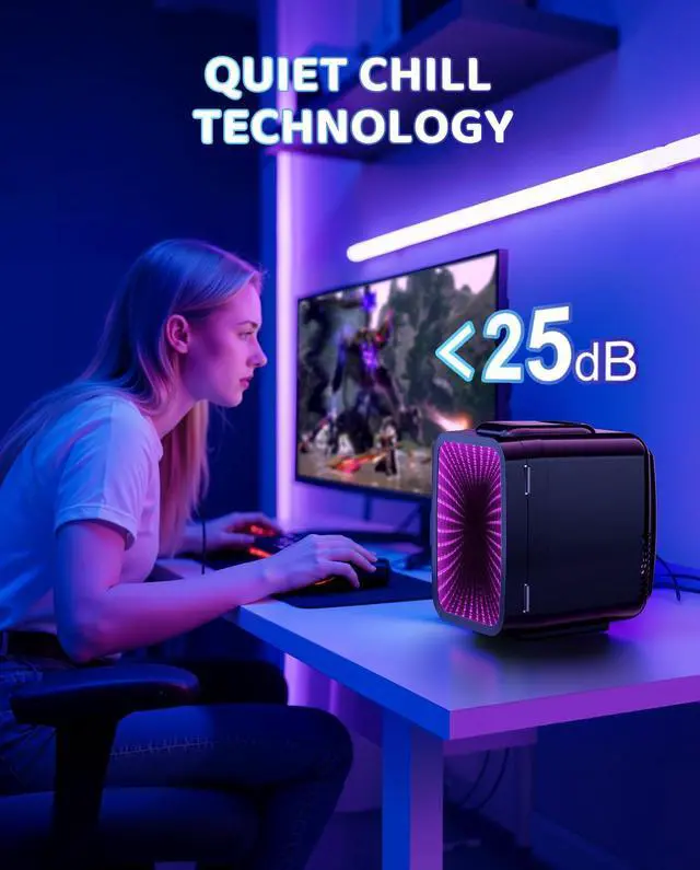 Alt view image 3 of 7 - MF01C Mini Fridge, 7 Light Modes Including Flashing Marquee, Quiet Cooling & Warming Function, AC/DC Power, 4 L/6 Cans Capacity, Small Refrigerator for Gaming Room, Bedroom, Office and Car