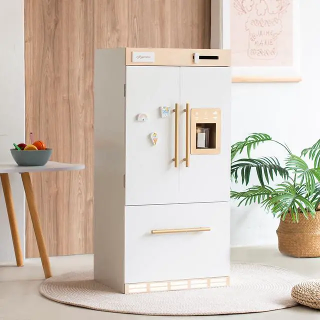 Main image of Wooden Play Kitchen Fridge  Interactive Ice Maker, Double Door Storage & Creative Fridge Magnets, Pretend Play Refrigerator for Boys & Girls 3+