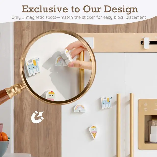 Alt view image 3 of 7 - Wooden Play Kitchen Fridge  Interactive Ice Maker, Double Door Storage & Creative Fridge Magnets, Pretend Play Refrigerator for Boys & Girls 3+