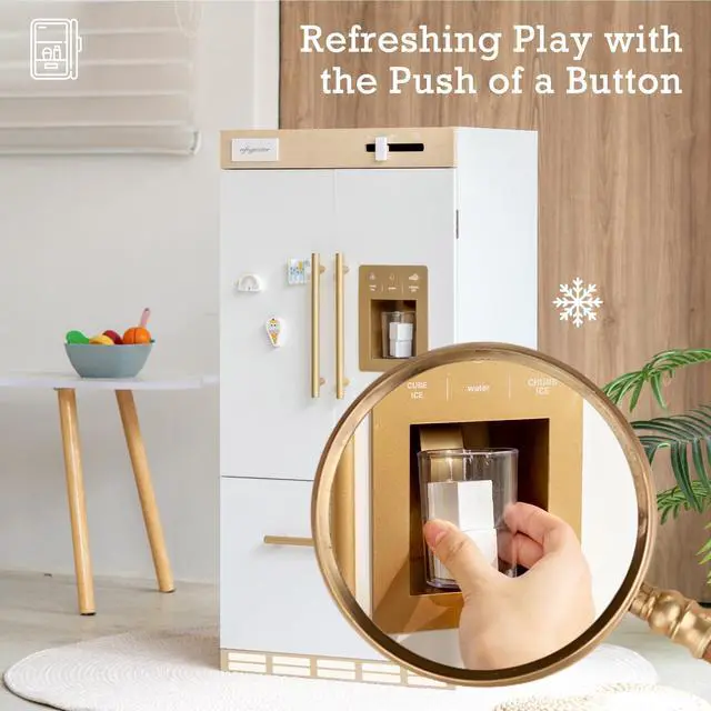 Alt view image 4 of 7 - Wooden Play Kitchen Fridge  Interactive Ice Maker, Double Door Storage & Creative Fridge Magnets, Pretend Play Refrigerator for Boys & Girls 3+