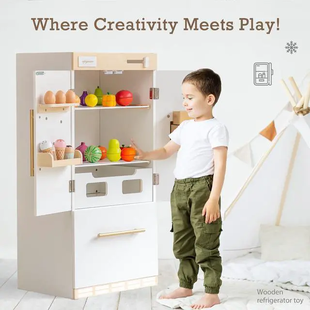 Alt view image 5 of 7 - Wooden Play Kitchen Fridge  Interactive Ice Maker, Double Door Storage & Creative Fridge Magnets, Pretend Play Refrigerator for Boys & Girls 3+