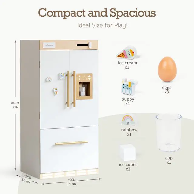 Alt view image 6 of 7 - Wooden Play Kitchen Fridge  Interactive Ice Maker, Double Door Storage & Creative Fridge Magnets, Pretend Play Refrigerator for Boys & Girls 3+