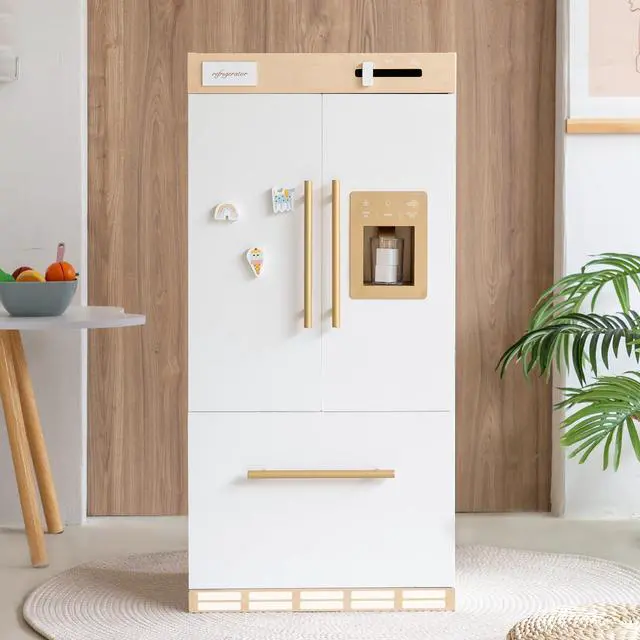 Alt view image 7 of 7 - Wooden Play Kitchen Fridge  Interactive Ice Maker, Double Door Storage & Creative Fridge Magnets, Pretend Play Refrigerator for Boys & Girls 3+