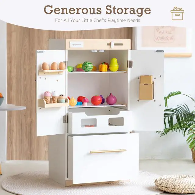 Alt view image 2 of 7 - Wooden Play Kitchen Fridge  Interactive Ice Maker, Double Door Storage & Creative Fridge Magnets, Pretend Play Refrigerator for Boys & Girls 3+