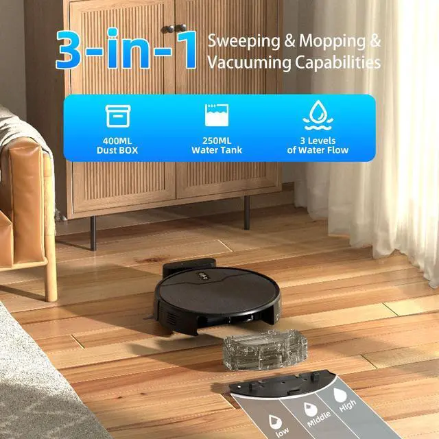 Alt view image 2 of 7 - Robot Vacuum and Mop Combo, Robot Vacuum Cleaner, 6 Cleaning Modes, Large Capacity Water Tank Dustbin, Self-Charging, WiFi/App/Alexa, Ideal for Hard Floor, Carpet, Pet Hair
