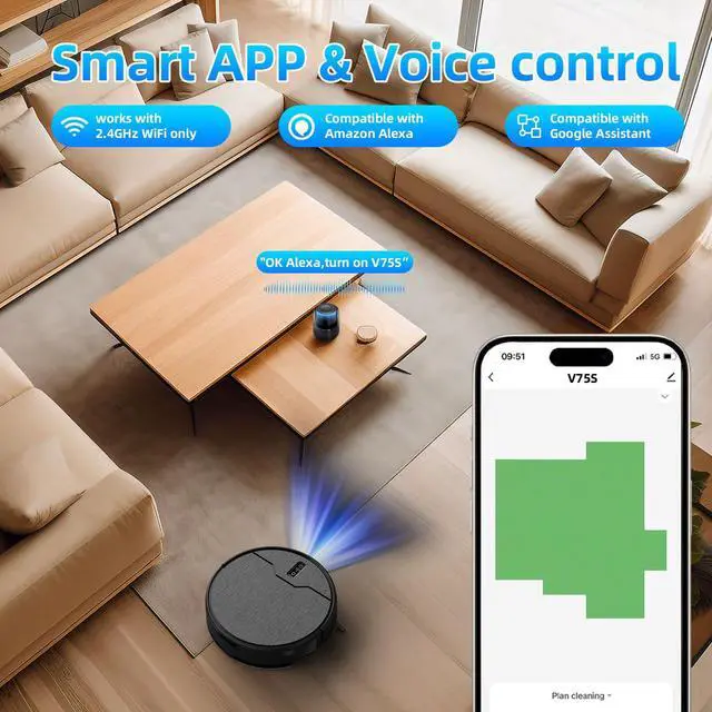Alt view image 5 of 7 - Robot Vacuum and Mop Combo, Robot Vacuum Cleaner, 6 Cleaning Modes, Large Capacity Water Tank Dustbin, Self-Charging, WiFi/App/Alexa, Ideal for Hard Floor, Carpet, Pet Hair