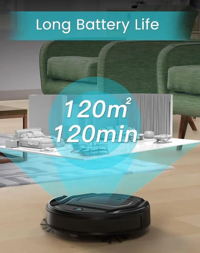 Alt view image 3 of 7 - Robot Vacuum Cleaner, 120 Mins Runtime, Compact Design, Low Noise, Powerful Suction, Wi-Fi/App/Voice Control, Self-Charging, Scheduled Cleaning, Ideal for Pet Hair and Hard Floors, M210 Black