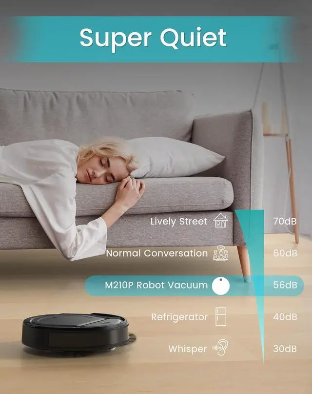 Alt view image 7 of 7 - M210 Robot Vacuum Cleaner, 120-Min Runtime, Compact Design, Powerful Suction, Low Noise, Wi-Fi/App/Voice Control, Self-Charging, Scheduled Cleaning, Ideal for Pet Hair and Hard Floors, Black