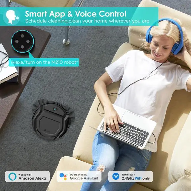 Alt view image 5 of 7 - M210 Robot Vacuum Cleaner, 120-Min Runtime, Compact Design, Powerful Suction, Low Noise, Wi-Fi/App/Voice Control, Self-Charging, Scheduled Cleaning, Ideal for Pet Hair and Hard Floors, Black