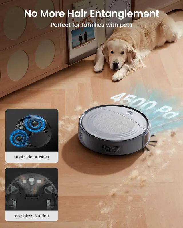 Alt view image 3 of 7 - M310 Robot Vacuum Cleaner 4500Pa Suction, Ultra-Slim & Quiet, PreciSense Obstacle Avoidance, WiFi/App/Voice Control, 160-Min Runtime, Self-Charging Ideal for Pet Hair & Hard Floors (Gray)