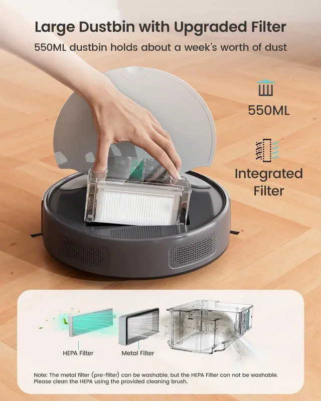 Alt view image 5 of 7 - M310 Robot Vacuum Cleaner 4500Pa Suction, Ultra-Slim & Quiet, PreciSense Obstacle Avoidance, WiFi/App/Voice Control, 160-Min Runtime, Self-Charging Ideal for Pet Hair & Hard Floors (Gray)