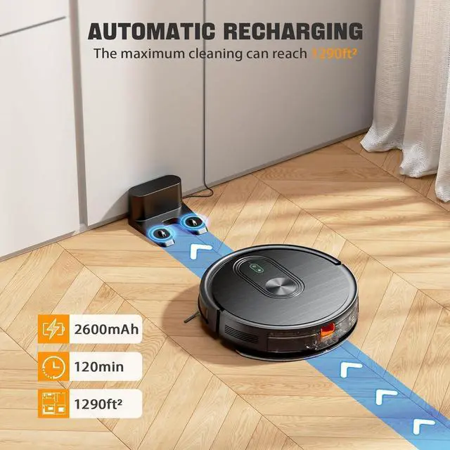Alt view image 4 of 7 - Robot Vacuum and Mop Combo, 2 in 1 Robot Vacuuming & Mopping 3200Pa Max Suction,with Schedule, App/Bluetooth/Voice, Robot Vacuum Cleaner Self-Charging, Slim, Ideal for Pet Hair, Hard Floor, Carpet
