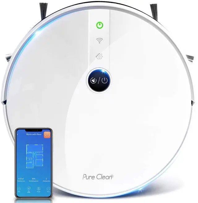 Main image of Pure Clean Robotic Vacuum Cleaner - 1100Pa Suction - Wifi Mobile App and Gyroscope Mapping - Ultra Thin 2.9 Height Cleans Carpets and Hardwood Floor - PUCRC455
