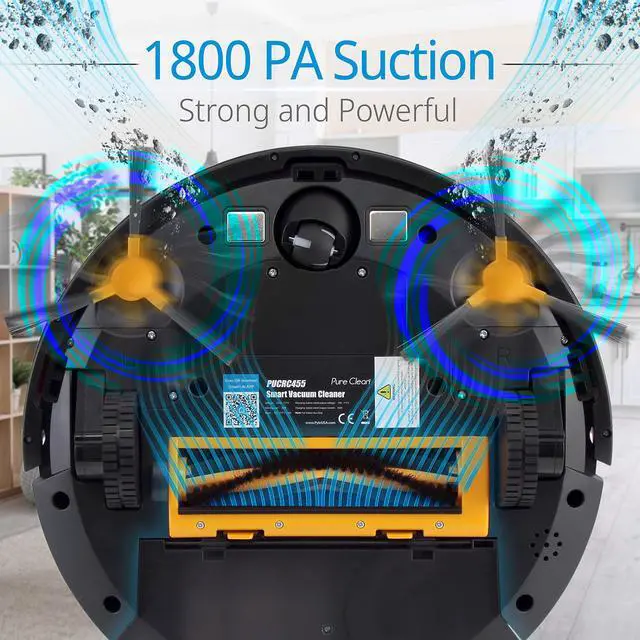 Alt view image 2 of 7 - Pure Clean Robotic Vacuum Cleaner - 1100Pa Suction - Wifi Mobile App and Gyroscope Mapping - Ultra Thin 2.9 Height Cleans Carpets and Hardwood Floor - PUCRC455