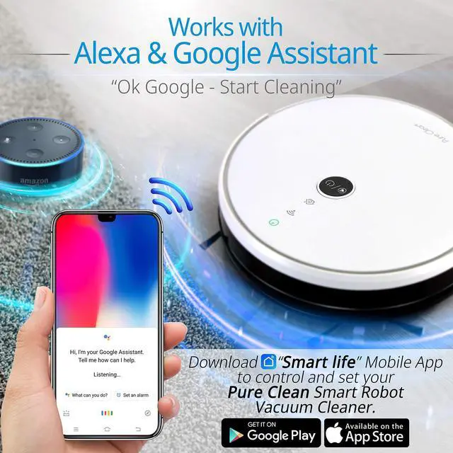 Alt view image 3 of 7 - Pure Clean Robotic Vacuum Cleaner - 1100Pa Suction - Wifi Mobile App and Gyroscope Mapping - Ultra Thin 2.9 Height Cleans Carpets and Hardwood Floor - PUCRC455