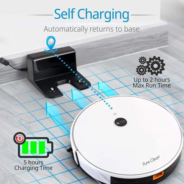 Alt view image 6 of 7 - Pure Clean Robotic Vacuum Cleaner - 1100Pa Suction - Wifi Mobile App and Gyroscope Mapping - Ultra Thin 2.9 Height Cleans Carpets and Hardwood Floor - PUCRC455