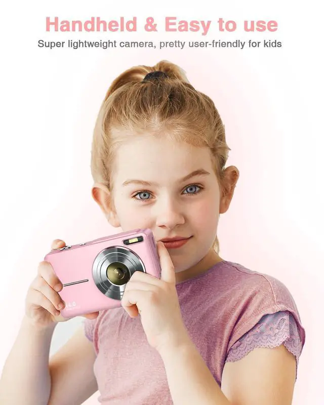 Alt view image 3 of 7 - Digital Camera, FHD 1080P Point and Shoot Kids Camera, with 32GB Card, 2 Batteries, 16X Zoom Anti Shake Date Stamp, Compact Portable Small, for Starter Kid Children Teen Student Girl Boy(Pink)