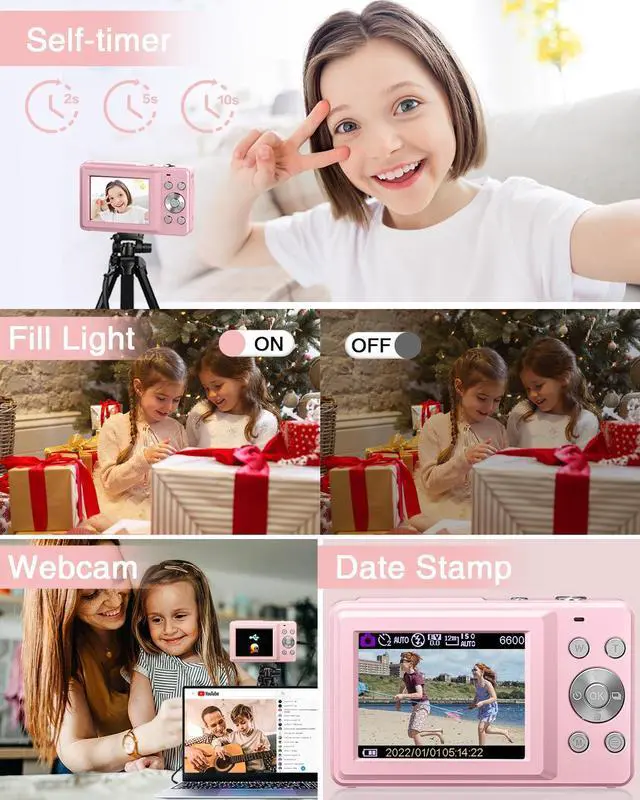 Alt view image 6 of 7 - Digital Camera, FHD 1080P Point and Shoot Kids Camera, with 32GB Card, 2 Batteries, 16X Zoom Anti Shake Date Stamp, Compact Portable Small, for Starter Kid Children Teen Student Girl Boy(Pink)