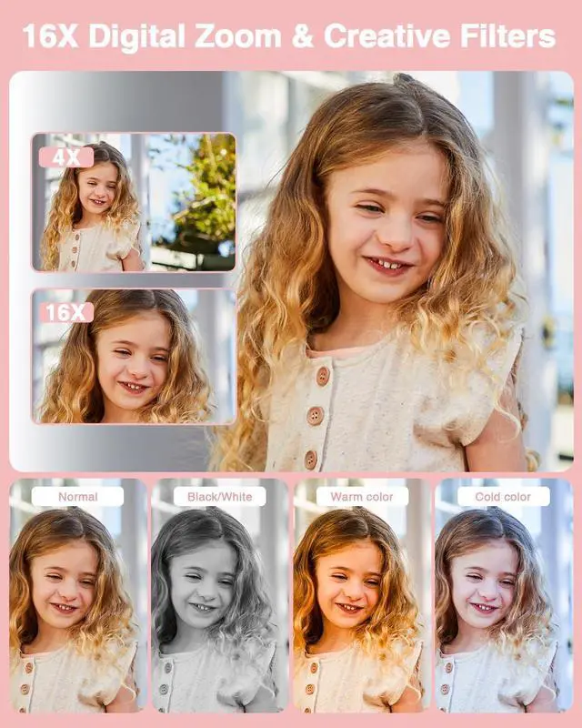 Alt view image 7 of 7 - Digital Camera, FHD 1080P Point and Shoot Kids Camera, with 32GB Card, 2 Batteries, 16X Zoom Anti Shake Date Stamp, Compact Portable Small, for Starter Kid Children Teen Student Girl Boy(Pink)