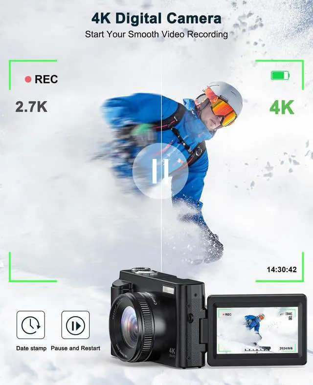 Alt view image 2 of 7 - 4K Digital Camera for Photography and Video, Autofocus Anti-Shake 48MP Vlogging Camera for YouTube, 3'' 180°Flip Screen Camera with Flash 16X Zoom, Digital Camera with 32GB Card Battery Charger Black