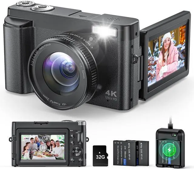 Main image of 4K Digital Camera for Photography and Video, Autofocus Anti-Shake 48MP Vlogging Camera for YouTube, 3'' 180°Flip Screen Camera with Flash 16X Zoom, Digital Camera with 32GB Card Battery Charger Black