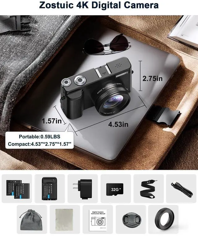 Alt view image 7 of 7 - 4K Digital Camera for Photography and Video, Autofocus Anti-Shake 48MP Vlogging Camera for YouTube, 3'' 180°Flip Screen Camera with Flash 16X Zoom, Digital Camera with 32GB Card Battery Charger Black